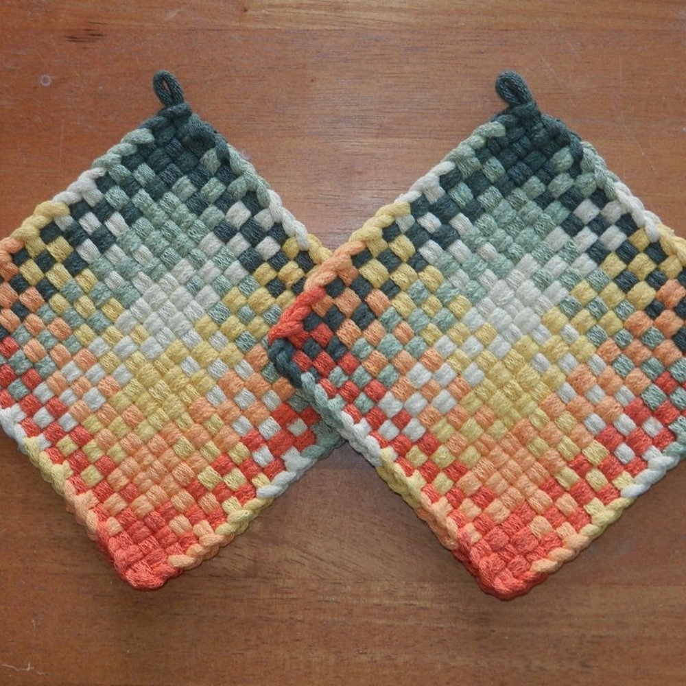 Set of 2 Handmade Artisan Woven Loomed Summer Colors Potholders Hot Pads Trivets